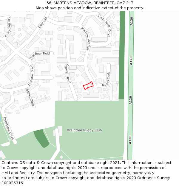 56, MARTENS MEADOW, BRAINTREE, CM7 3LB: Location map and indicative extent of plot
