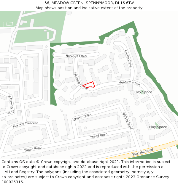 56, MEADOW GREEN, SPENNYMOOR, DL16 6TW: Location map and indicative extent of plot