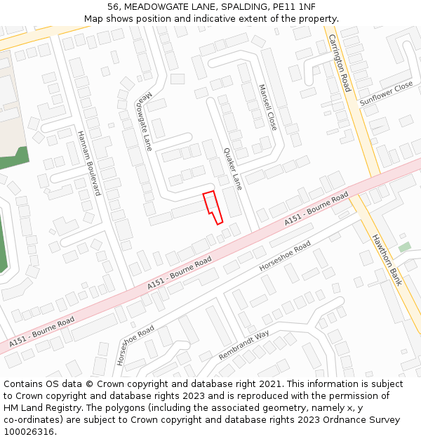 56, MEADOWGATE LANE, SPALDING, PE11 1NF: Location map and indicative extent of plot