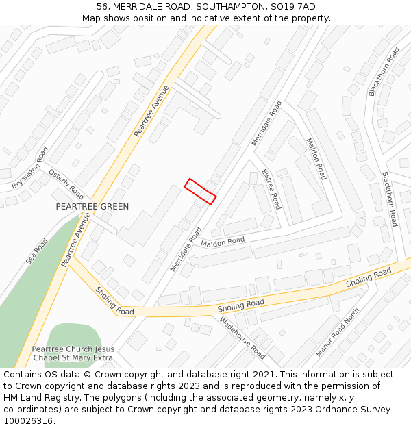 56, MERRIDALE ROAD, SOUTHAMPTON, SO19 7AD: Location map and indicative extent of plot