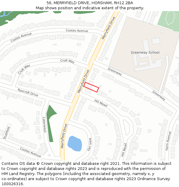 56, MERRYFIELD DRIVE, HORSHAM, RH12 2BA: Location map and indicative extent of plot