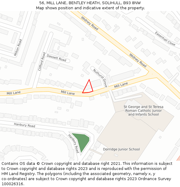 56, MILL LANE, BENTLEY HEATH, SOLIHULL, B93 8NW: Location map and indicative extent of plot