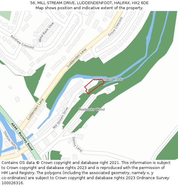 56, MILL STREAM DRIVE, LUDDENDENFOOT, HALIFAX, HX2 6DE: Location map and indicative extent of plot