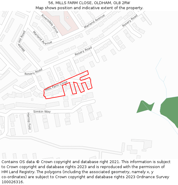 56, MILLS FARM CLOSE, OLDHAM, OL8 2RW: Location map and indicative extent of plot