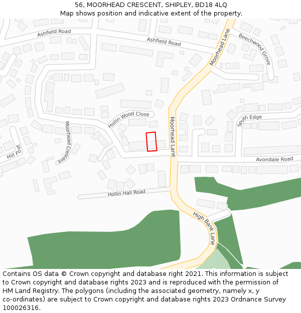 56, MOORHEAD CRESCENT, SHIPLEY, BD18 4LQ: Location map and indicative extent of plot