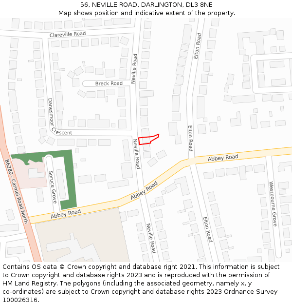 56, NEVILLE ROAD, DARLINGTON, DL3 8NE: Location map and indicative extent of plot