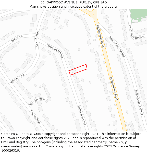 56, OAKWOOD AVENUE, PURLEY, CR8 1AQ: Location map and indicative extent of plot
