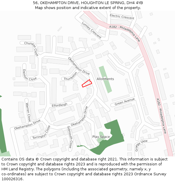 56, OKEHAMPTON DRIVE, HOUGHTON LE SPRING, DH4 4YB: Location map and indicative extent of plot