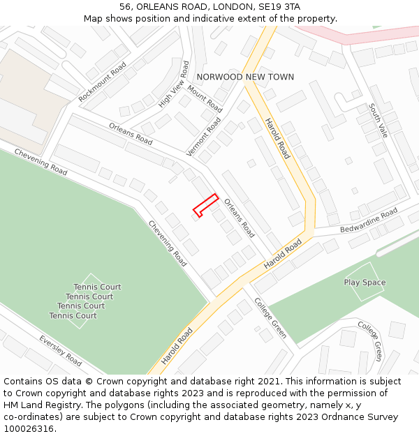 56, ORLEANS ROAD, LONDON, SE19 3TA: Location map and indicative extent of plot