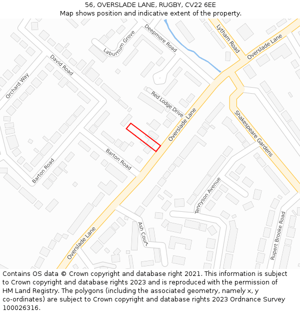 56, OVERSLADE LANE, RUGBY, CV22 6EE: Location map and indicative extent of plot