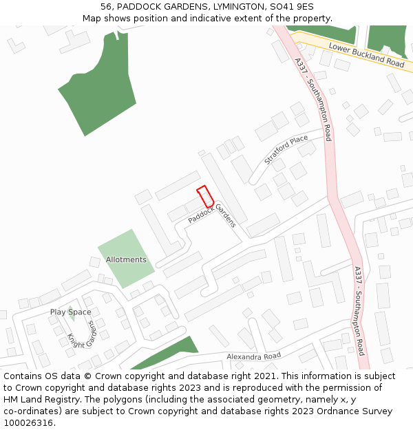 56, PADDOCK GARDENS, LYMINGTON, SO41 9ES: Location map and indicative extent of plot