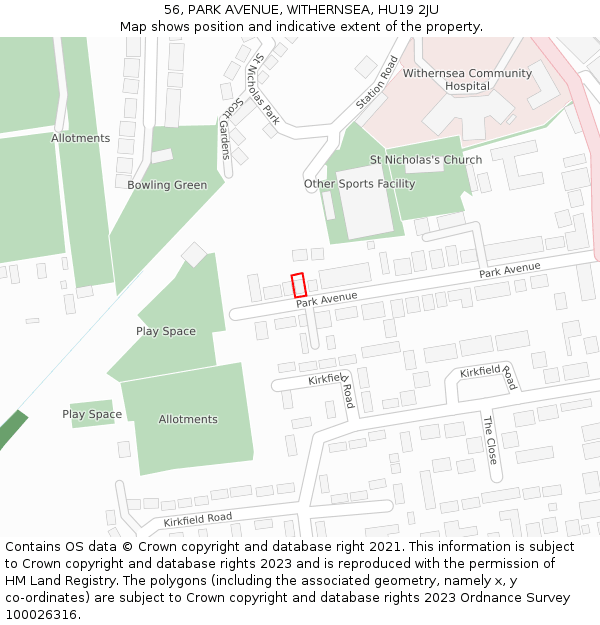 56, PARK AVENUE, WITHERNSEA, HU19 2JU: Location map and indicative extent of plot