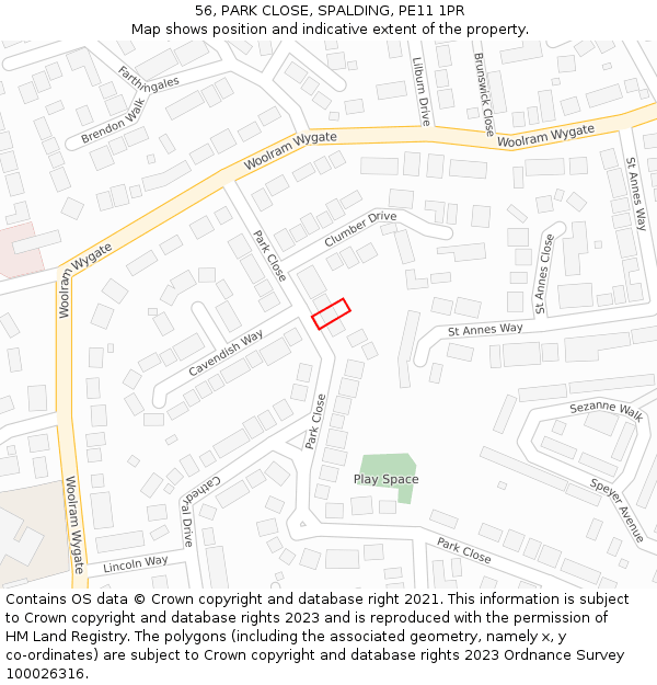 56, PARK CLOSE, SPALDING, PE11 1PR: Location map and indicative extent of plot