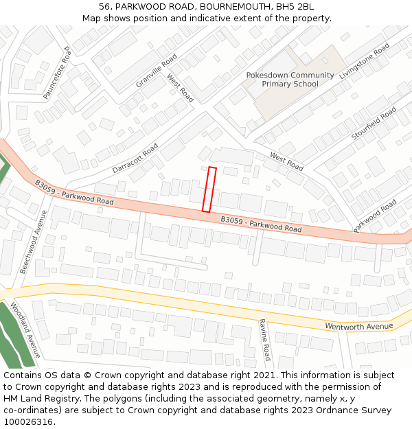 56, PARKWOOD ROAD, BOURNEMOUTH, BH5 2BL: Location map and indicative extent of plot