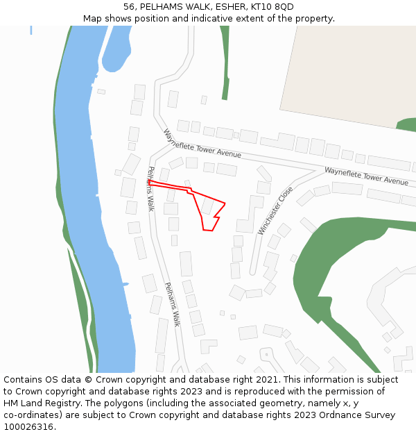 56, PELHAMS WALK, ESHER, KT10 8QD: Location map and indicative extent of plot