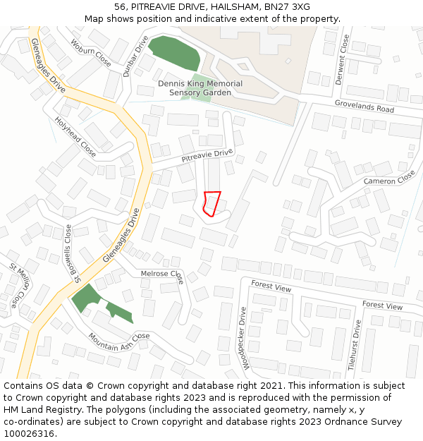 56, PITREAVIE DRIVE, HAILSHAM, BN27 3XG: Location map and indicative extent of plot
