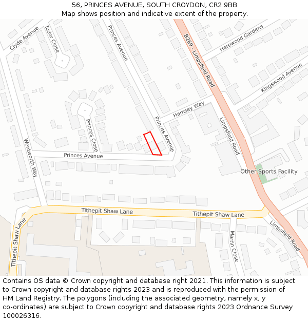 56, PRINCES AVENUE, SOUTH CROYDON, CR2 9BB: Location map and indicative extent of plot