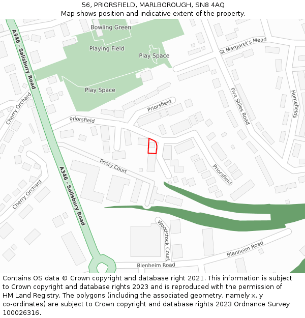 56, PRIORSFIELD, MARLBOROUGH, SN8 4AQ: Location map and indicative extent of plot