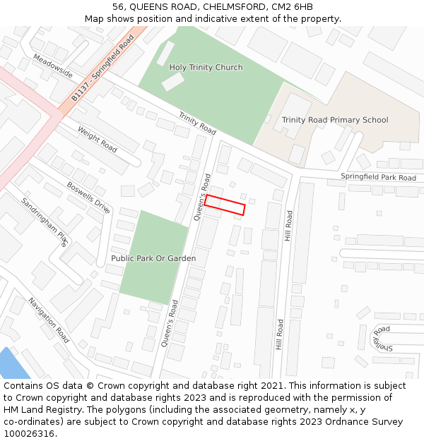56, QUEENS ROAD, CHELMSFORD, CM2 6HB: Location map and indicative extent of plot
