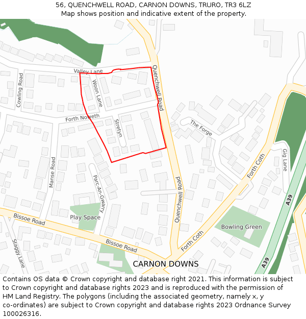 56, QUENCHWELL ROAD, CARNON DOWNS, TRURO, TR3 6LZ: Location map and indicative extent of plot