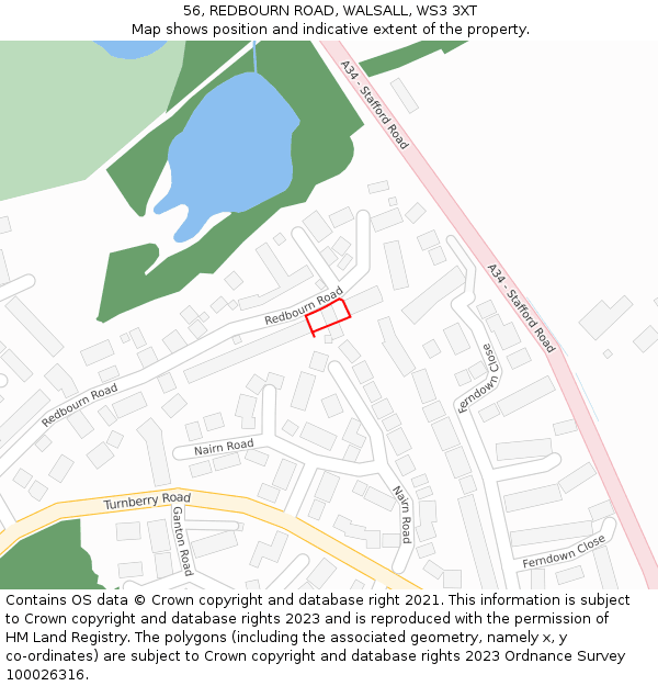 56, REDBOURN ROAD, WALSALL, WS3 3XT: Location map and indicative extent of plot