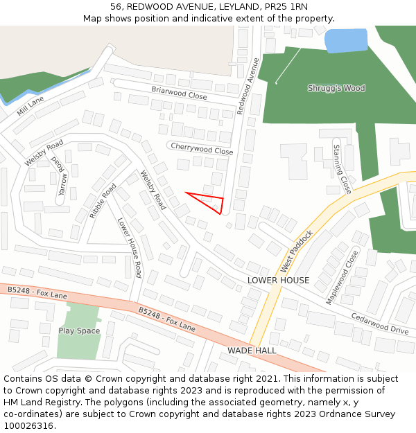 56, REDWOOD AVENUE, LEYLAND, PR25 1RN: Location map and indicative extent of plot