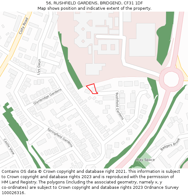 56, RUSHFIELD GARDENS, BRIDGEND, CF31 1DF: Location map and indicative extent of plot