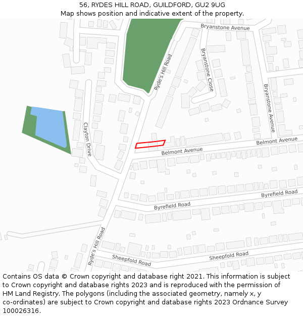 56, RYDES HILL ROAD, GUILDFORD, GU2 9UG: Location map and indicative extent of plot