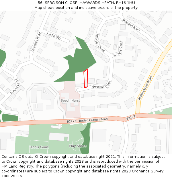 56, SERGISON CLOSE, HAYWARDS HEATH, RH16 1HU: Location map and indicative extent of plot