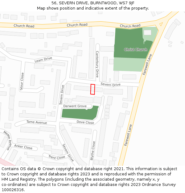 56, SEVERN DRIVE, BURNTWOOD, WS7 9JF: Location map and indicative extent of plot