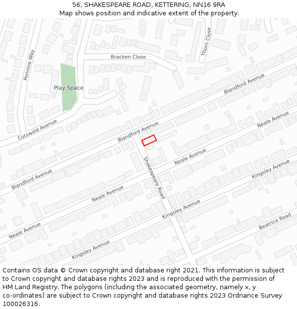 56, SHAKESPEARE ROAD, KETTERING, NN16 9RA: Location map and indicative extent of plot