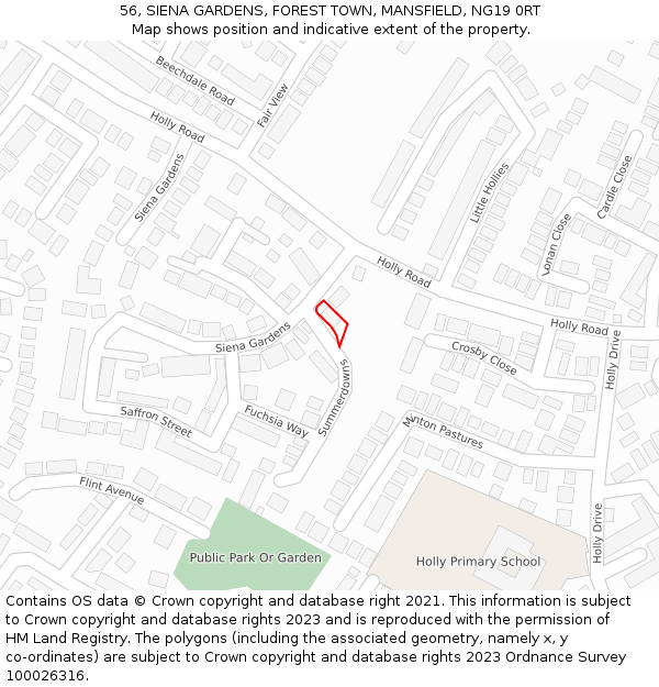 56, SIENA GARDENS, FOREST TOWN, MANSFIELD, NG19 0RT: Location map and indicative extent of plot