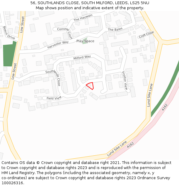 56, SOUTHLANDS CLOSE, SOUTH MILFORD, LEEDS, LS25 5NU: Location map and indicative extent of plot