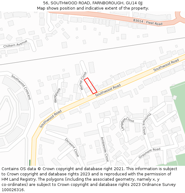 56, SOUTHWOOD ROAD, FARNBOROUGH, GU14 0JJ: Location map and indicative extent of plot