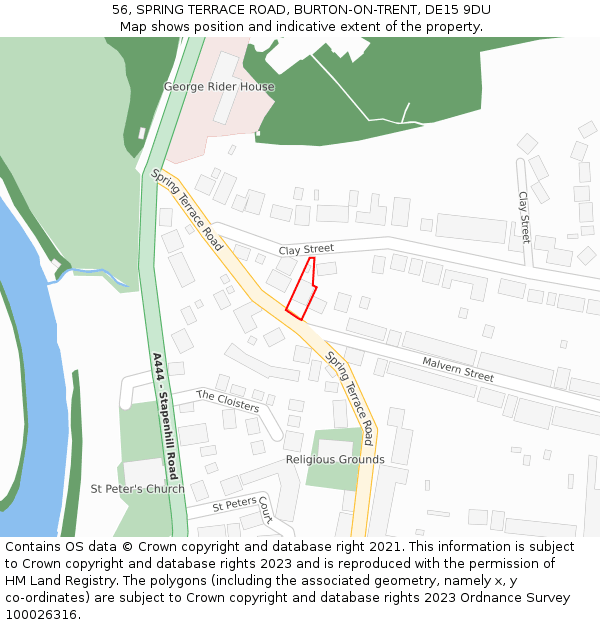 56, SPRING TERRACE ROAD, BURTON-ON-TRENT, DE15 9DU: Location map and indicative extent of plot