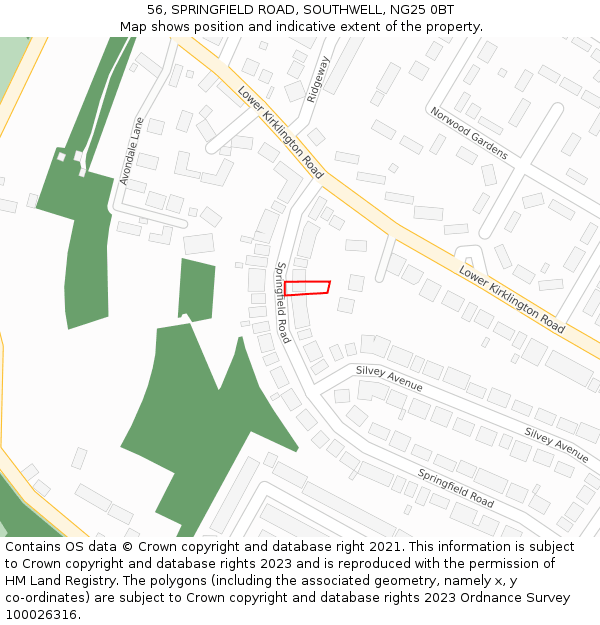 56, SPRINGFIELD ROAD, SOUTHWELL, NG25 0BT: Location map and indicative extent of plot