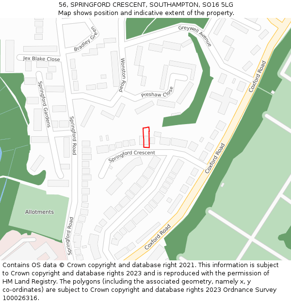 56, SPRINGFORD CRESCENT, SOUTHAMPTON, SO16 5LG: Location map and indicative extent of plot