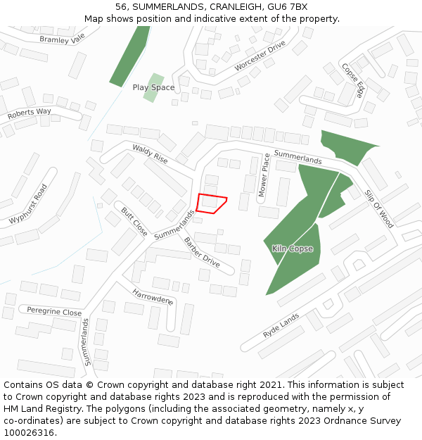 56, SUMMERLANDS, CRANLEIGH, GU6 7BX: Location map and indicative extent of plot