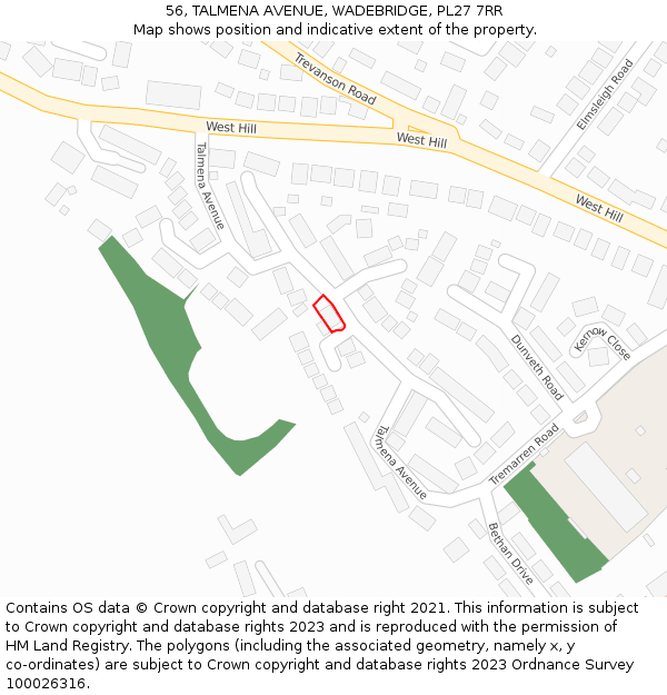 56, TALMENA AVENUE, WADEBRIDGE, PL27 7RR: Location map and indicative extent of plot
