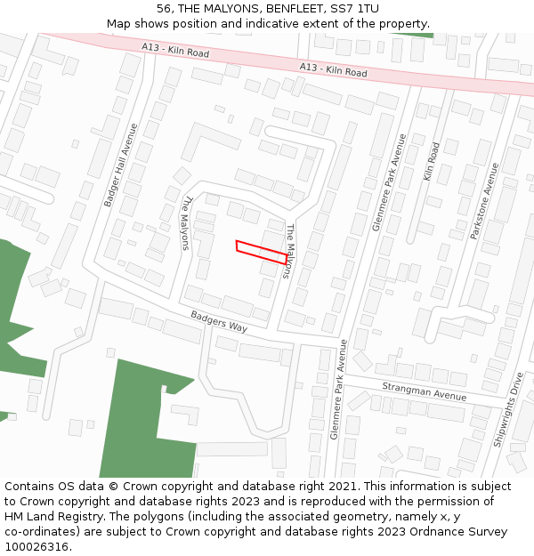 56, THE MALYONS, BENFLEET, SS7 1TU: Location map and indicative extent of plot