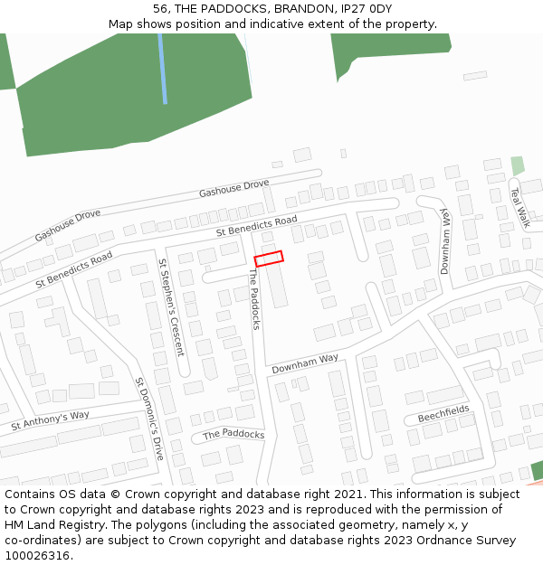 56, THE PADDOCKS, BRANDON, IP27 0DY: Location map and indicative extent of plot