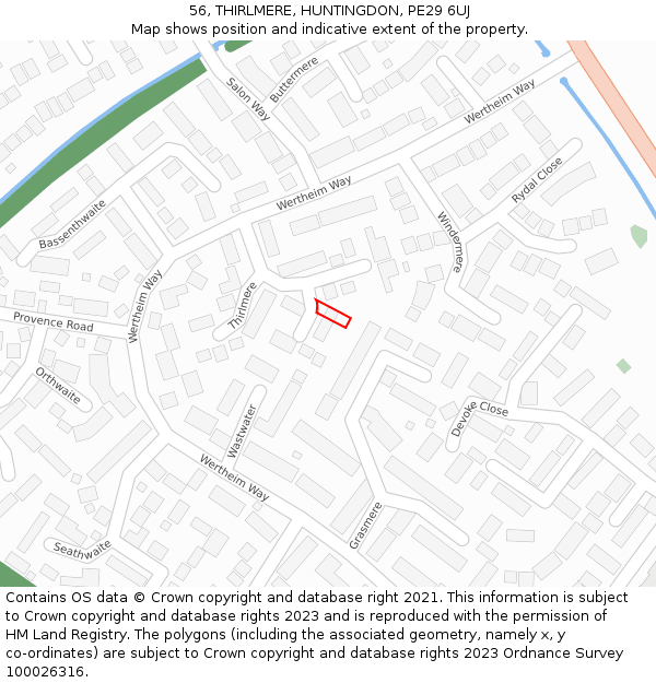 56, THIRLMERE, HUNTINGDON, PE29 6UJ: Location map and indicative extent of plot