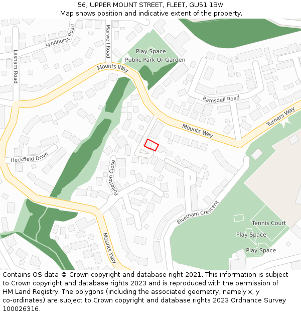 56, UPPER MOUNT STREET, FLEET, GU51 1BW: Location map and indicative extent of plot
