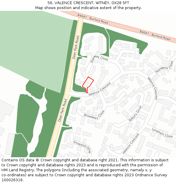 56, VALENCE CRESCENT, WITNEY, OX28 5FT: Location map and indicative extent of plot