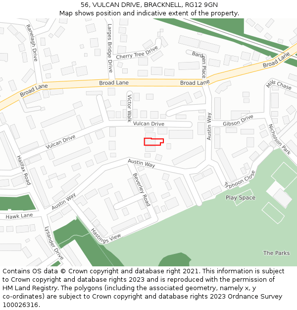 56, VULCAN DRIVE, BRACKNELL, RG12 9GN: Location map and indicative extent of plot