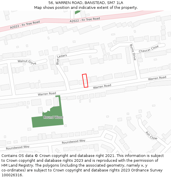 56, WARREN ROAD, BANSTEAD, SM7 1LA: Location map and indicative extent of plot
