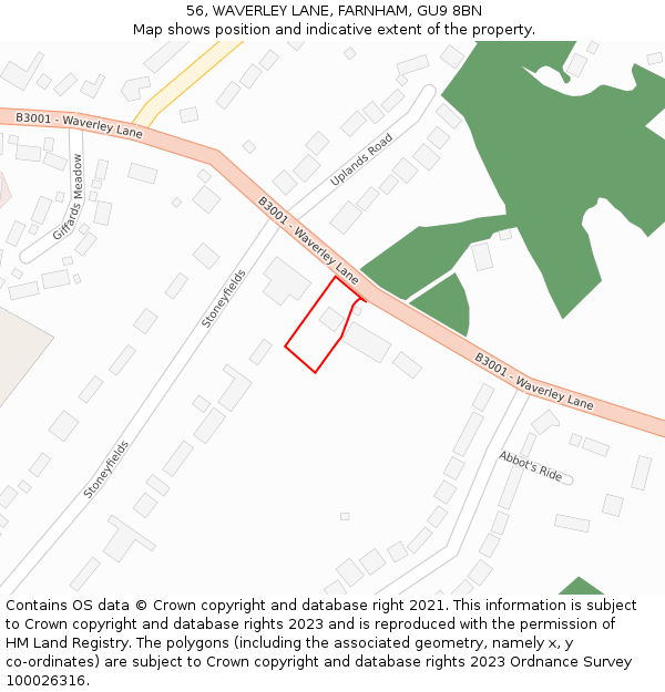 56, WAVERLEY LANE, FARNHAM, GU9 8BN: Location map and indicative extent of plot