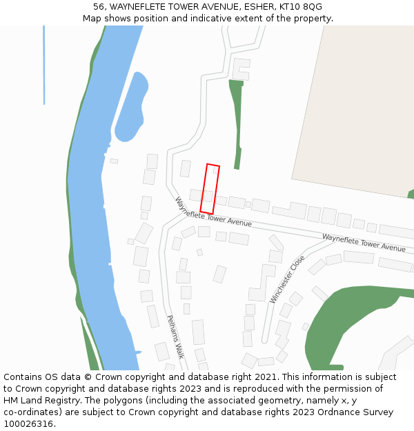 56, WAYNEFLETE TOWER AVENUE, ESHER, KT10 8QG: Location map and indicative extent of plot