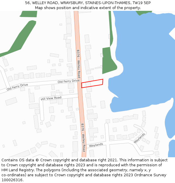 56, WELLEY ROAD, WRAYSBURY, STAINES-UPON-THAMES, TW19 5EP: Location map and indicative extent of plot