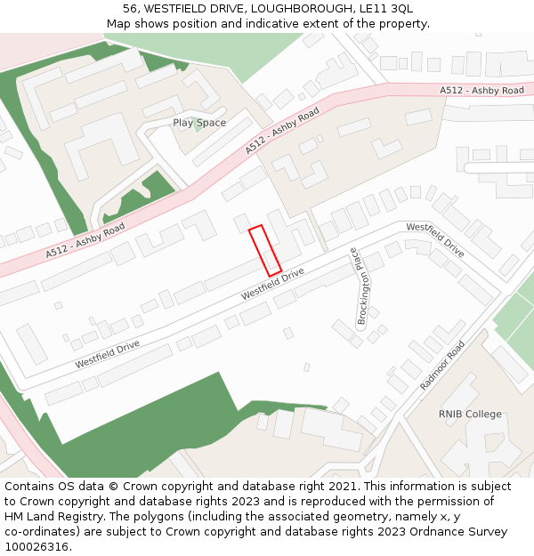 56, WESTFIELD DRIVE, LOUGHBOROUGH, LE11 3QL: Location map and indicative extent of plot
